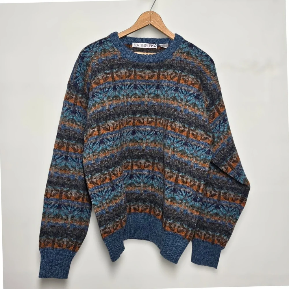 Northern‎ Isles 100% Shetland Wool Sweater Indigo Heather Grandpa Sweater Size L